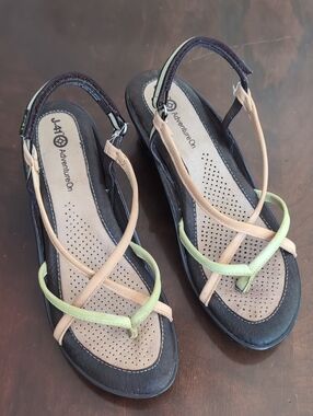 J-41 Two-Tone Strappy Slingback Sandals in Beige and Pale Green